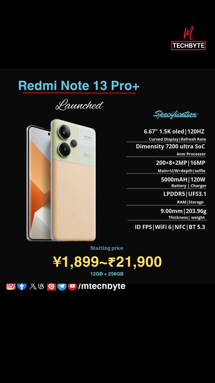 Xiaomi Redmi Note 13 PRO+ Plus 5G Smartphone 6.67 Dimensity 7200-Ultra  5000mAh Battery 120W Fast